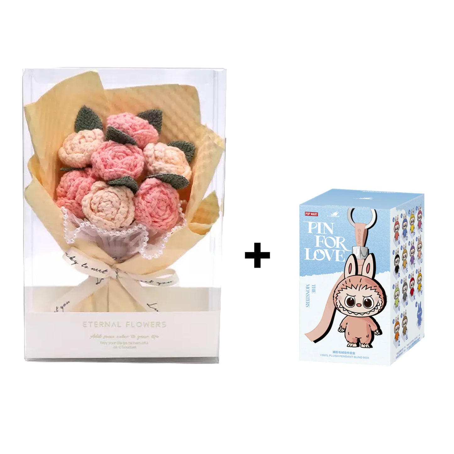 Sweet Love – Knitted Flower Bouquet with Mini Labubu